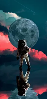 Astronaut stands on water reflecting the moon and colorful sky.