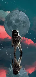 Astronaut walking on reflective water under a full moon with colorful clouds.