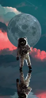 Surreal astronaut reflection beneath a large moon with vibrant teal clouds.