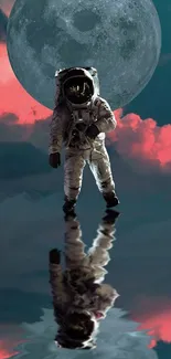 Astronaut reflecting on water with pink clouds and a moon backdrop.