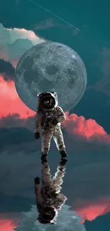 Astronaut reflecting beneath a moonlit cosmic sky with vibrant clouds.