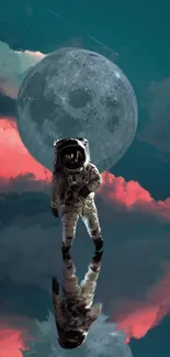 Astronaut standing under moon with reflection on cosmic landscape.