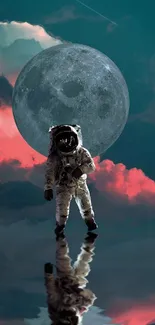 Astronaut reflects under the full moon with pink clouds in a teal sky.