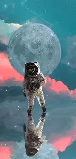 Surreal wallpaper with astronaut and moon reflections in a vibrant cosmic scene.