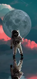 Astronaut in front of the moon with colorful clouds in a mobile wallpaper.