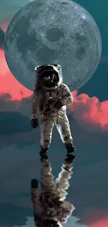 Astronaut walking on reflective water with moon in background.