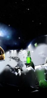 Astronaut on the moon holding a green bottle, relaxing under a starry sky.