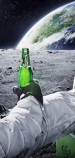 Astronaut resting on moon holding a bottle, Earth visible in space backdrop.