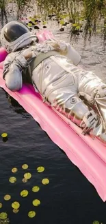 Astronaut lying on pink float in tranquil pond.