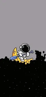 Astronaut floating on cheese in black space cartoon illustration.