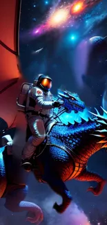 Astronaut riding a blue dragon in space art.