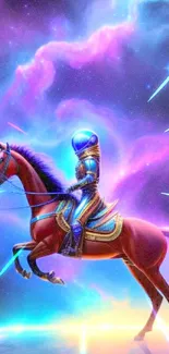 Astronaut in futuristic armor riding a horse through a vibrant cosmic nebula.