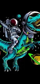 Astronaut riding dinosaur in space with colorful planets on a black background.