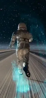 Astronaut running through space with a star-filled background.