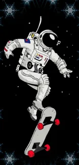 Astronaut skateboarding in space with vibrant colors on a dark background.