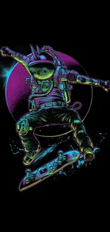 Neon astronaut skateboarding in vibrant colors on a black background.