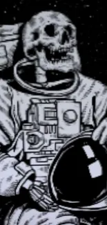 A skeleton astronaut in a spacesuit, black and white design.