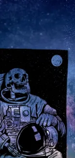 Illustrated skull astronaut with galaxy backdrop.