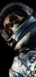 Astronaut skull in space with dark, cosmic background.