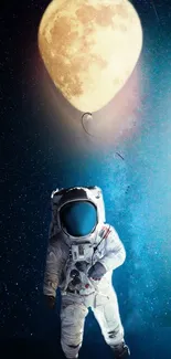 Astronaut attached to moon balloon floating in a starry blue space background.