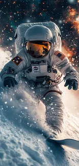 Astronaut snowboards through starry cosmos.