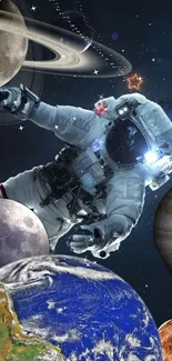 Astronaut floating among planets in space wallpaper.