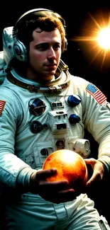 Astronaut in space with a glowing star and orange sphere.