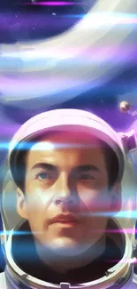 Astronaut in vibrant space scene with planets and stars.