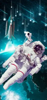 Astronaut floating in space with stars and Earth below.