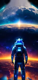 Astronaut stands before Earth in vibrant space scene wallpaper.