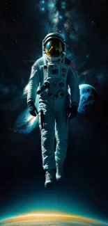 Astronaut floating in deep space with planets and stars in the background.