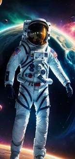 Astronaut in space with planets and cosmic background.