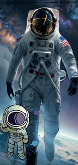 Astronaut floating in space with stars.