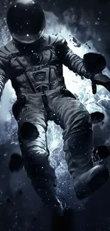 Astronaut floating in dark space, surrounded by stars and cosmic elements.