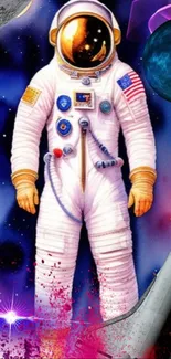 Colorful astronaut in cosmic scene with planets and stars.