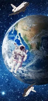 Astronaut floating in space with Earth and shuttles in background.