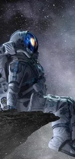 Astronaut sitting on a cliff against a starry galaxy background.