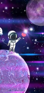 Whimsical astronaut floats above purple planet in vibrant cosmic scene.