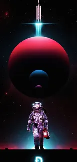 Mobile wallpaper of an astronaut and a vibrant cosmic scene, featuring a planet and stars.