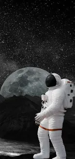 Astronaut standing under a starry sky on the moon, with the Earth in the distance.