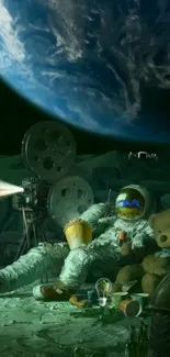 Astronaut enjoying movie night on the moon with Earth in the background.