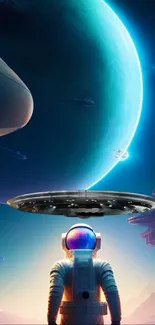 Astronaut stares at distant planets and a flying saucer in a futuristic space scene.