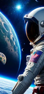 Astronaut gazing at planets in space wallpaper