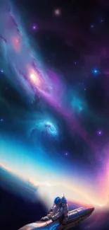 Astronaut gazing at a vibrant galaxy with purples and blues in the background.