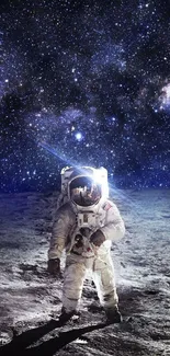 Astronaut walks on moon under starry night sky wallpaper.