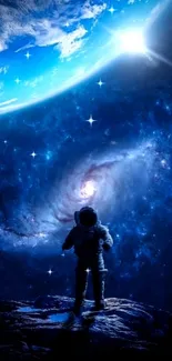 Astronaut gazing at galaxy in deep blue space with vibrant Earth above.