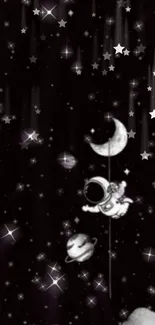 Whimsical astronaut and starry night with a crescent moon in space.