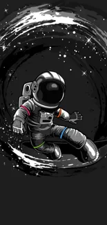 Astronaut surfing through a cosmic galaxy on a dark, swirling backdrop.