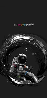 Space-themed wallpaper with astronaut surfing a cosmic wave on a black background.