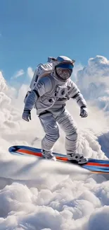 Astronaut surfing on colorful clouds.